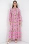 Women's Round Neck Gathered Waist Floral Patterned Viscose Pink Hijab Dress