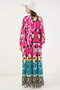 Women's V-Neck Gathered Waist Floral Patterned Viscose A.Fuchsia Hijab Dress - 6