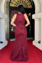 Full Beaded Fabric Halter Neck Evening Dress - Bordo - 5