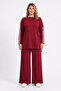 Women's Plus Size Burgundy, Stripe Detailed, Long Back Tunic, Elastic Waist Pants, Tracksuit Set 65N39498 - 6