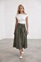Women's Khaki Tie-Waist Zippered Lined Midi Poplin Skirt Alc-X15519