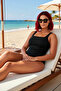Women's Plus Size Swimsuit One Piece Square Neck Sleeveless Gathered Knitted Fabric Solid Pattern Throw over Cover up Stylish - 3