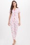 Women's Standard Fit Regular Cut Ribbed Look Bow Detail Short Sleeve Printed Pink Pajama Set - 9