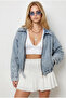Women's Snow Blue Pocket Belted Epaulet Denim Jacket Ckt-19000534 - 2