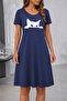 New Season Women's Short Sleeve Crew Neck Cat Patterned Viscose Short Dress - 2
