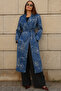 Women's Dark Blue Double Breasted Collar Patterned Belted Waist Pocketed Long Trench Coat Arm-26Y001105