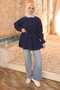 Navy Blue Buttoned Sleeve Elastic Waist Drawstring Modal Woven Shirt - 2