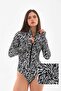 Zebra Patterned Bone Zipper Detailed Long Sleeve Women's Swimsuit Hijab Surfing Swimsuit