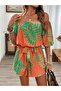 Women's open shoulder, madonna collar, belted waist, patterned short supreme jumpsuit