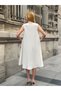 Women's Beige Round Neck Ethnic Authentic Embroidery Detailed Linen Midi Dress - 8