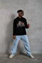 Men's 3 Thread Cotton Hooded Printed Oversize Sweatshirt Hoodie with Pockets - Black