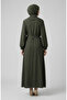 Scarf Collar Half Button Belted Dress 2262-02 Khaki - 3