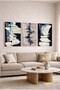 Navy Blue and Spatula Patterned Boho 3-Piece Decorative Tempered Glass Painting Set - Home and Office Painting - 3
