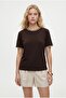 Women's Marine Collar Embroidered 100% Cotton Short Sleeve Brown Knitted T-Shirt - 4