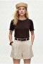 Women's Marine Collar Embroidered 100% Cotton Short Sleeve Brown Knitted T-Shirt