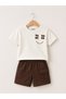 Boy's Printed White T-Shirt and Brown Shorts with Cargo Pockets Set 100% Cotton