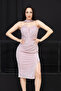 Shawl Detailed Strapless Neckline Glittering Pencil Dress - Pudra - 5