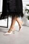 Lorwen Women's Heels with Front Strap and Stone Detail, Thin Heel Stiletto, Beige Satin - 2