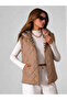 Women's Beige Hooded Plaid Lined Quilted Puffer Vest - 5
