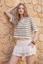 Women's Striped Polo Neck Crop Knitwear T-Shirt (Brown White) - 3