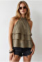 Women's Khaki Halter Collar Layered Blouse Blz-19003040 - 2