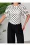 Women's White-Black Crew Neck Wide Sleeve Polka Dot Blouse Elt7249