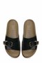 Women's Slippers - Black Casual Slippers with Gold Buckle and Thick Tan Sole - 6
