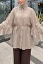 Buttoned Belted Bat Sleeve Flounce Oversize Modal Tunic - Mink - 4