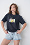 Women's Spring Themed Watercolor Effect Floral Printed Round Neck Navy Blue Casual T-Shirt