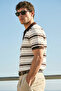 Men's Polo Collar Striped Buttoned Short Sleeve Knitwear T-Shirt Brown-White 26S2017