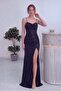 Women's Sequin Draped Slit Adjustable Strap Evening Dress Woven Navy Blue, Black, Indigo - 3