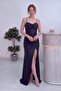 Women's Sequin Draped Slit Adjustable Strap Evening Dress Woven Navy Blue, Black, Indigo - 5