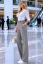 Gray High Waist Palazzo Pants with Button Closure - 2