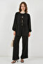 Women's Round Neck Regular Front Lace-Up Black Two-Piece Set - 2