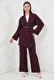 Women's V-Neck Belted Burgundy Two-Piece Set - 4
