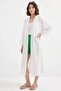 Women's V-Neck Belted Slit White Kimono - 3