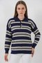 Women's Polo Collar Striped Knitwear Navy Blue Sweater - 3