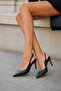 Women's Black Leather Pointed Toe Thin Heeled Open Back Stiletto Shoes - 8