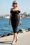 Women's Carmen Collar Low Sleeve Bodycon Knitted Midi Dress Unlined Sandy Textured Elegant Casual Comfortable - 2