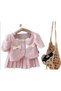 Girls Pink Outfit Set, Puff Sleeve Jacket with Bow Details, Pleated Skirt, Pearl Buttons, Birthday Dress - 2