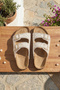 Mykonos Women's White Pearl and Stone Detailed Double Buckle Orthopedic Cork Sole Casual Summer Slippers - 6