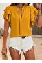 Women's Short Sleeve V High Neck Dubai Blouse with Ruffled Sleeves - 2