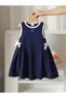 Girl's Navy Blue Dress with White Piping and Heart Print Bow Detail Summer Dress (Ages 3-12)