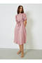 Pink A-Line Midi Dress with Puff Sleeves - 2