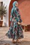 Floral Pattern Lace-Up Turquoise Dress - 2