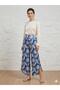 Women's Blue Shawl Patterned Viscose Trousers with Side Slits - Bohemian Trousers
