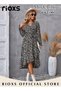 Women's Long Sleeve V Neck Floral Midi Dress, Casual Flowy A-line High Waist Bohemia Dress with Belt - 6