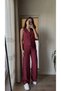 Women's Burgundy Modal Fabric Buttoned Vest Casual Pants Set - 2