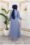 Stripe Patterned Belted Hijab Long Dress - 5