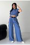 Women's Summer Belted Trousers and Crop Blouse Set Blue - 3